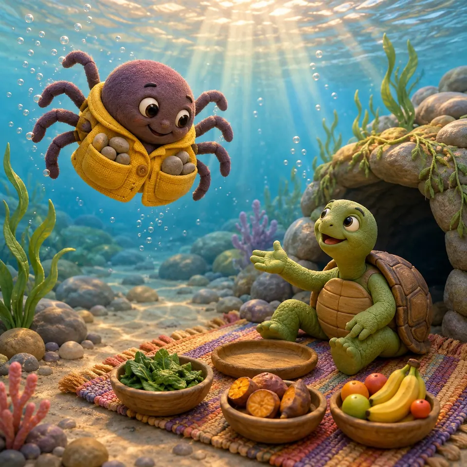 Under clear water, Anansi the spider sinks in a yellow coat full of stones while Turtle waves him over to bowls of yams and fruit.