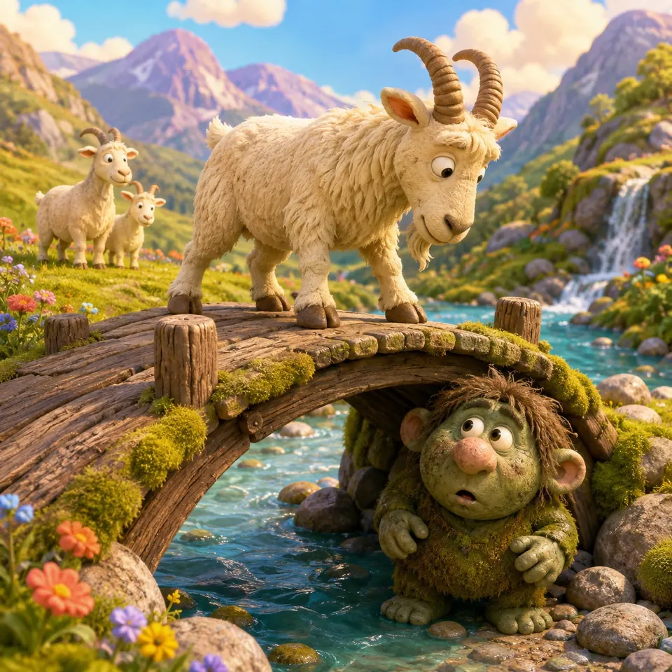 The big billy goat lowers his horns on a mossy bridge as a round green troll pops up, surprised, and two small goats watch from the meadow.