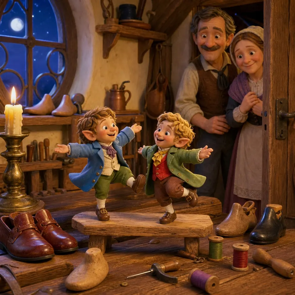 Two tiny elves in new clothes dance on a bench in a wooden workshop at night while the shoemaker and his wife watch, smiling.