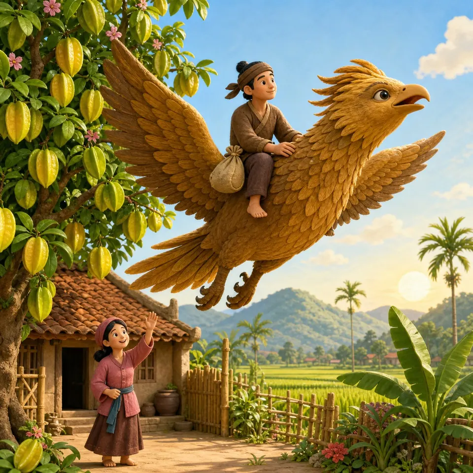 A giant golden-brown bird takes off beside a star fruit tree heavy with fruit, the younger brother on its back with a small bag.