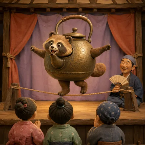 A bronze kettle with a tanuki’s head, paws and tail balances on a tightrope on a wooden stage while the tinker sits nearby with a paper fan.