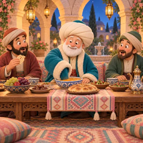 White-bearded Nasreddin Hodja in a turban and fur-trimmed coat smiles as he dips his sleeve into a bowl of soup at a wedding feast.