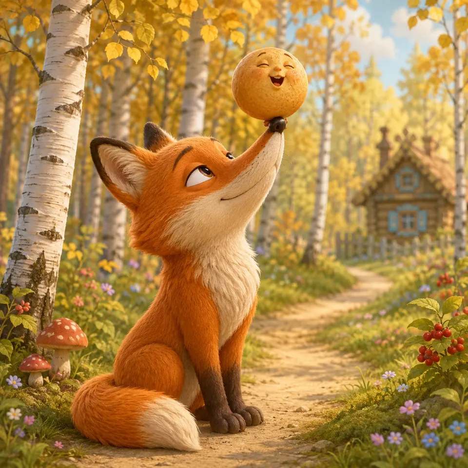 A small golden round bun with a cheerful face sings on the tip of an orange fox’s nose in an autumn birch forest.