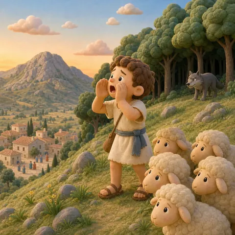 A young shepherd calls for help on a hillside beside his sheep as a grey wolf steps out of the forest.