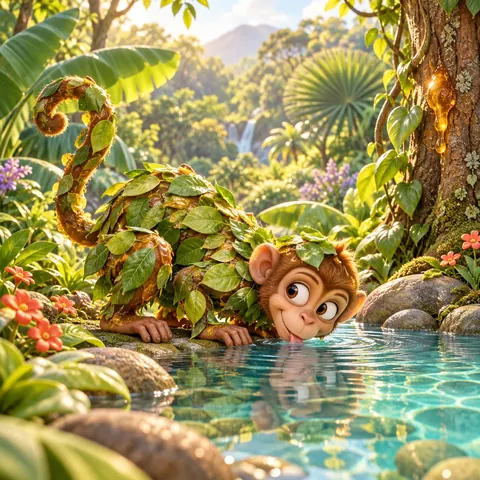 A small brown monkey covered in tree resin and green leaves, like a coat of leaves, bends to drink at a turquoise pool in a Brazilian forest.