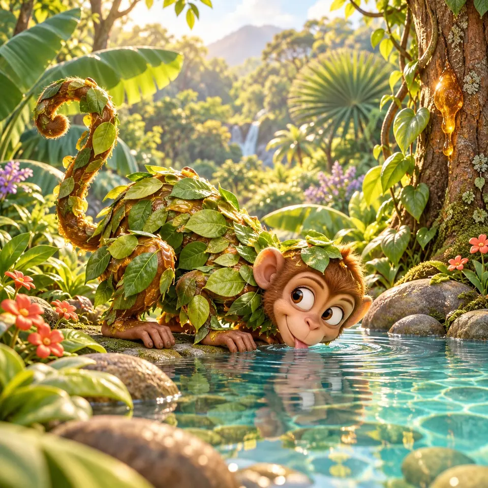 A small brown monkey covered in tree resin and green leaves, like a coat of leaves, bends to drink at a turquoise pool in a Brazilian forest.