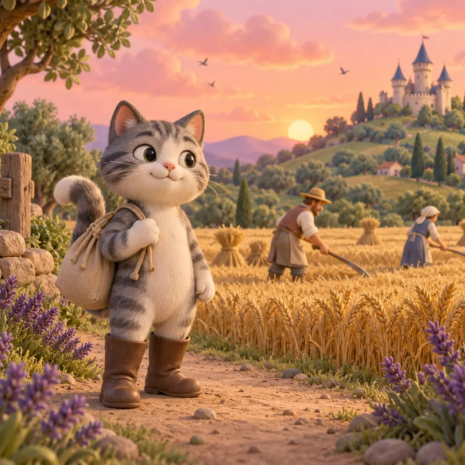 A grey-and-white tabby cat stands upright on a country path in France, wearing brown leather boots and a cloth bag, by lavender and olive trees.