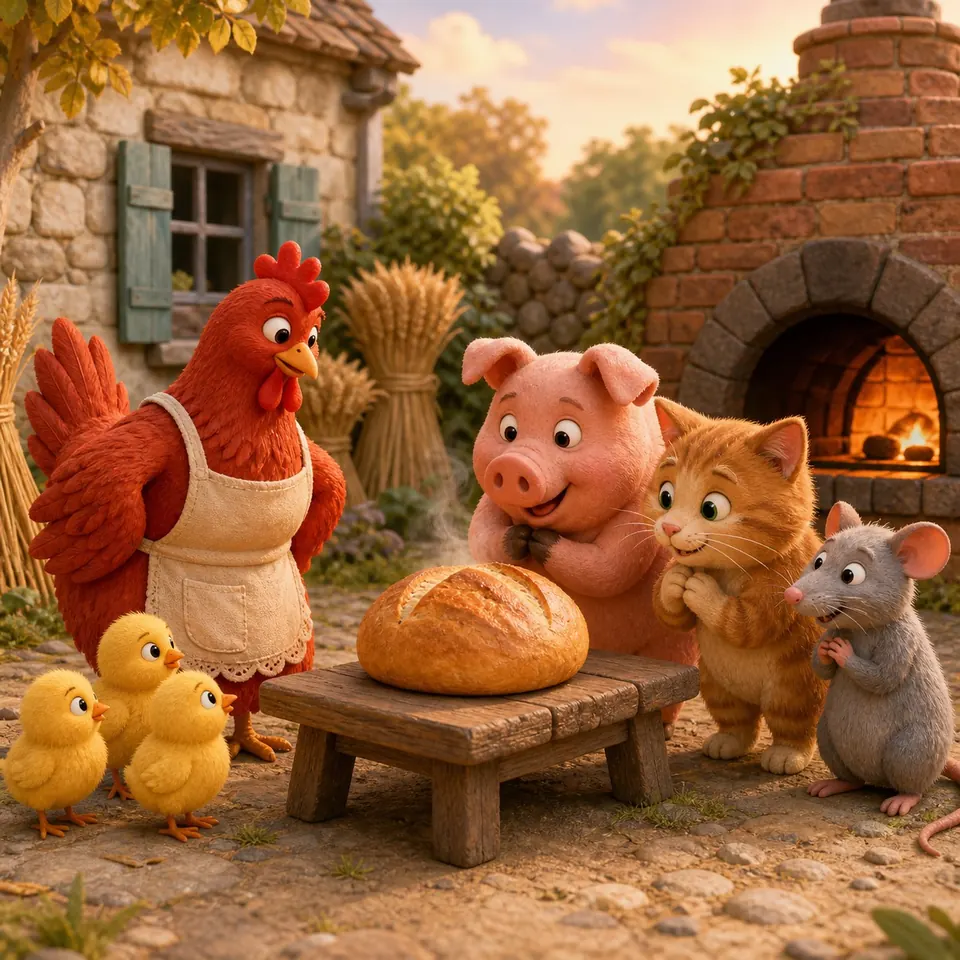 A little red hen in an apron stands by a golden loaf with her chicks while a pig, a cat and a rat lean in eagerly.