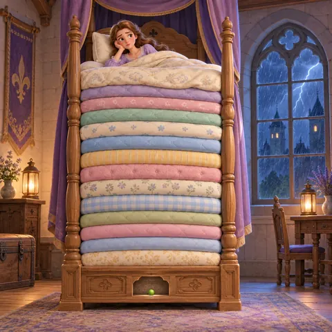 A princess in a lavender nightgown lies awake on a towering stack of mattresses in a Danish castle bedroom, with a green pea at the bottom.