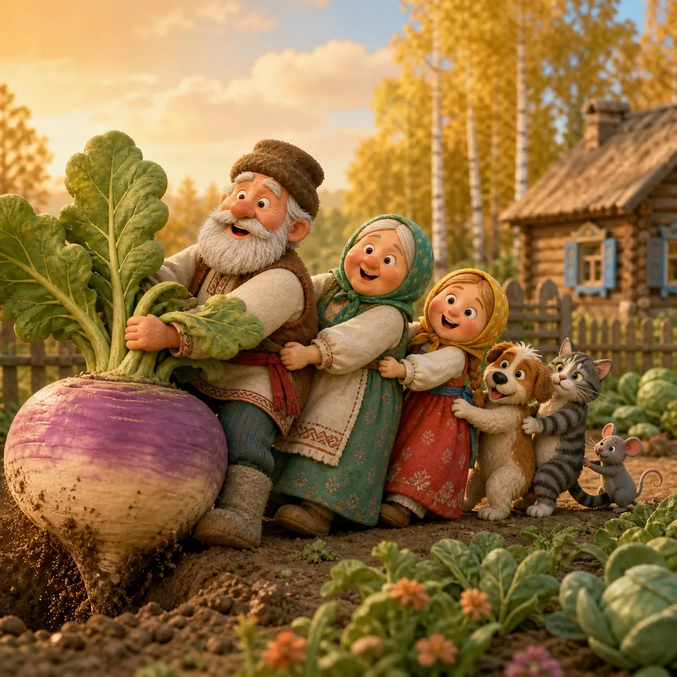 Grandpa, grandma, a girl, a dog, a cat and a mouse pull a gigantic turnip out of a Russian vegetable garden.