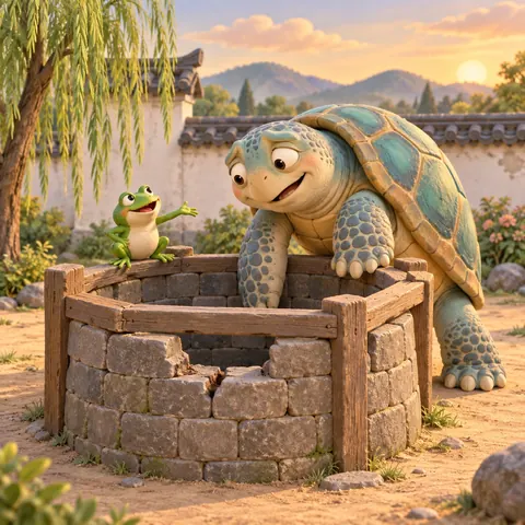 A small green frog sits on the wooden rail of an old brick well in a Chinese village courtyard at sunset, inviting a sea turtle down.