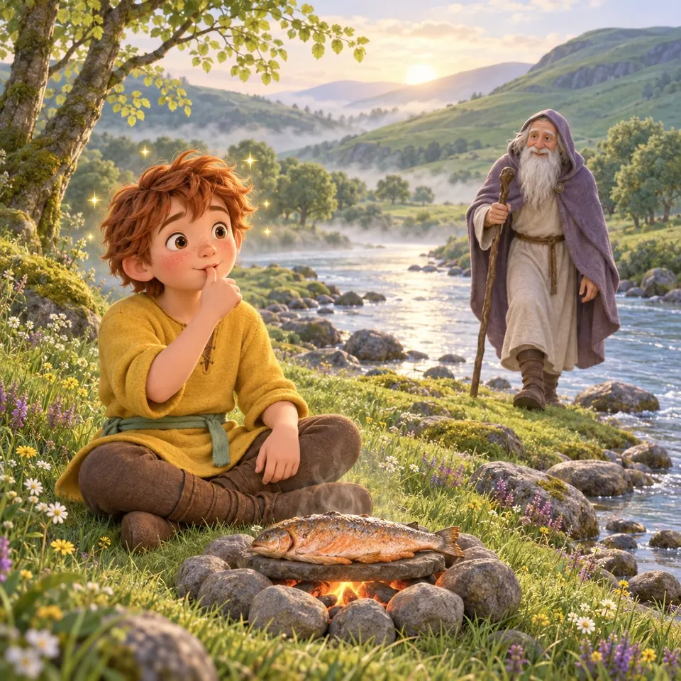 Cậu bé tóc đỏ ngồi bên bờ sông Ireland buổi sớm, ngón tay cái đặt lên môi, mắt tròn xoe, quanh đầu lấp lánh những đốm sáng vàng.