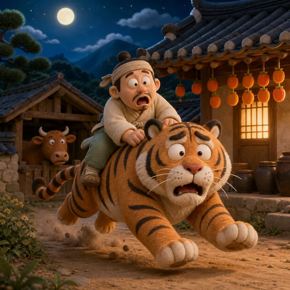 Dưới ánh trăng, chú hổ tròn trịa hoảng hốt chạy trên đường làng, tên trộm bám chặt trên lưng, sau lưng là ngôi nhà hanok có treo hồng khô.