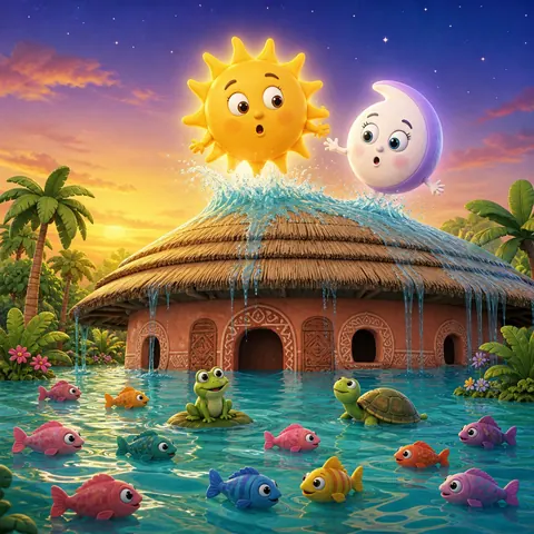 A golden Sun and a pearly Moon float up from the roof of a big house as turquoise water full of fish, a turtle and a frog rises over it.