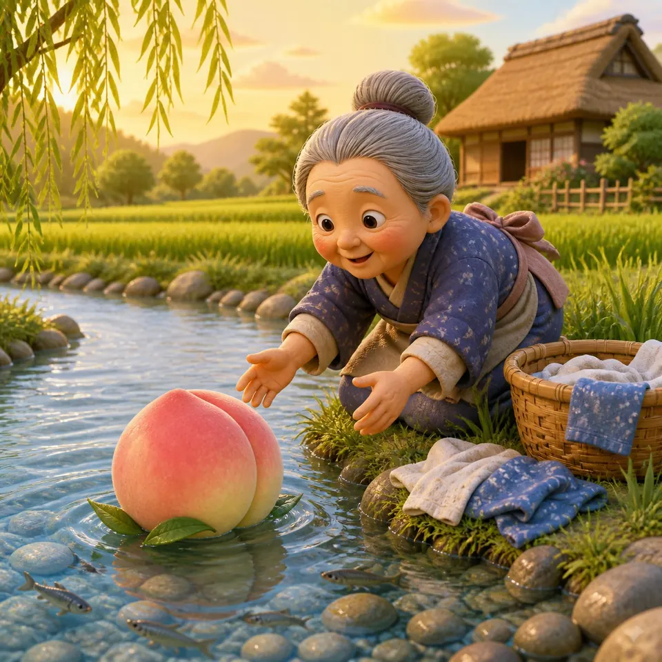 Bà lão Nhật Bản quỳ bên dòng sông trong, vui mừng đưa tay đón một quả đào hồng thật lớn đang trôi sát bờ.