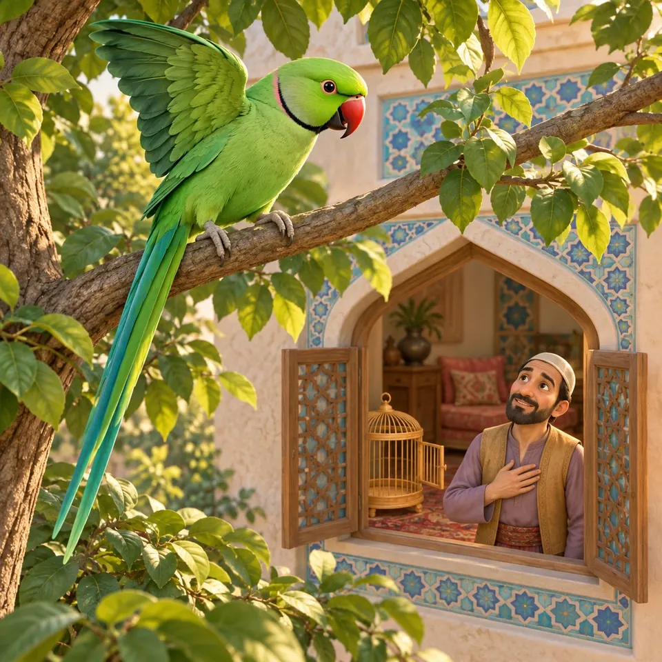 A long-tailed green parrot perches high on a sunlit branch, wing raised, while the merchant smiles up from an arched window beside an open cage.