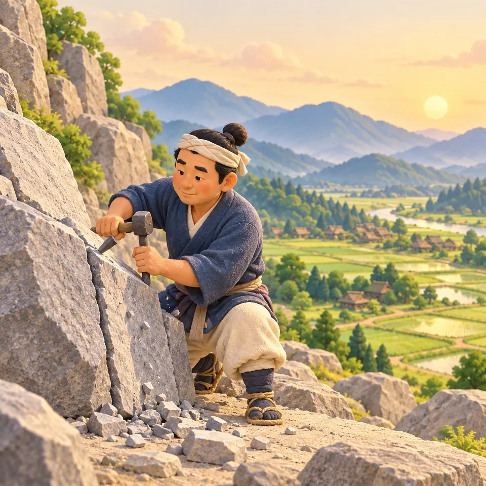 A Japanese stonecutter in an indigo jacket raises a hammer over a chisel on a grey rock on a mountainside, with rice fields far below.