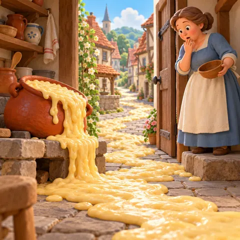 Golden millet porridge pours out of a clay pot and down a cobbled street in a German town while the mother, bowl in hand, gasps at the door.
