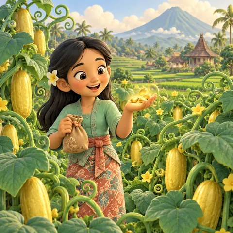 A Javanese girl with a frangipani in her hair stands in a freshly sprung cucumber field, showing a few glowing golden seeds.