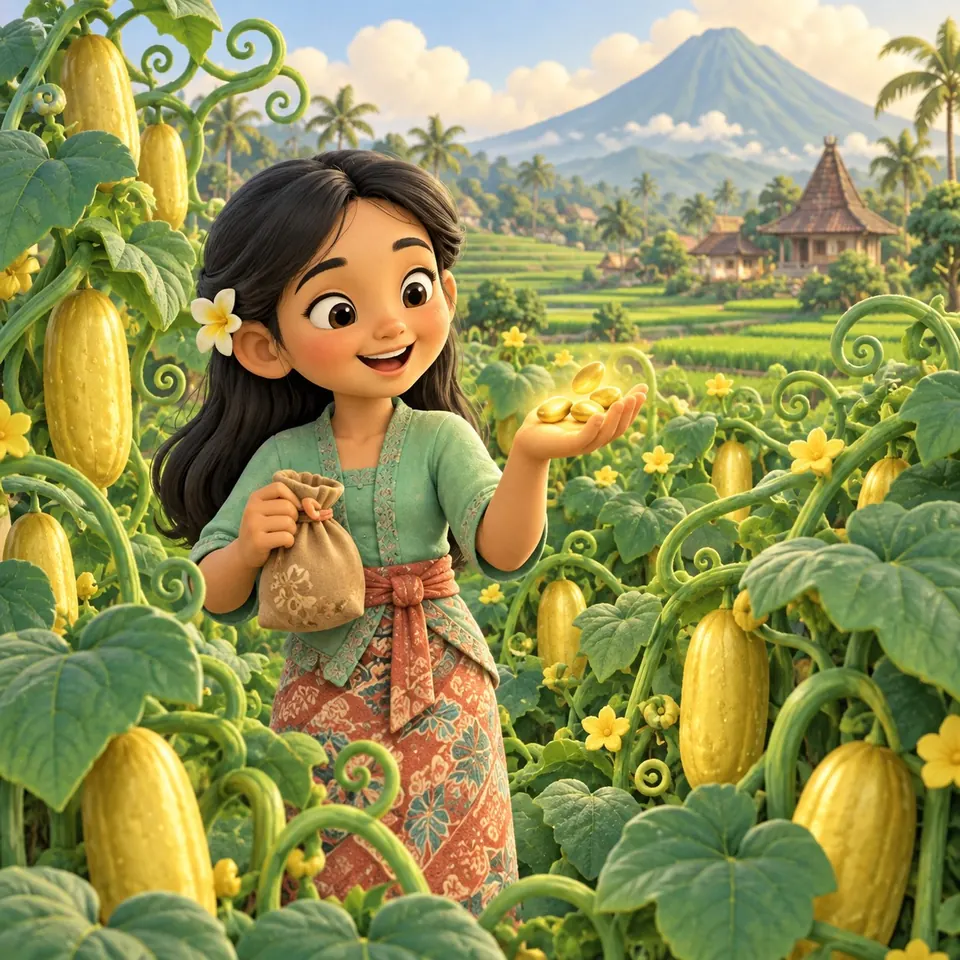Cô bé Java tóc dài cài hoa sứ, mặc áo kebaya xanh bạc hà, đứng giữa ruộng dưa vừa mọc lên, xòe tay khoe mấy hạt dưa vàng óng.